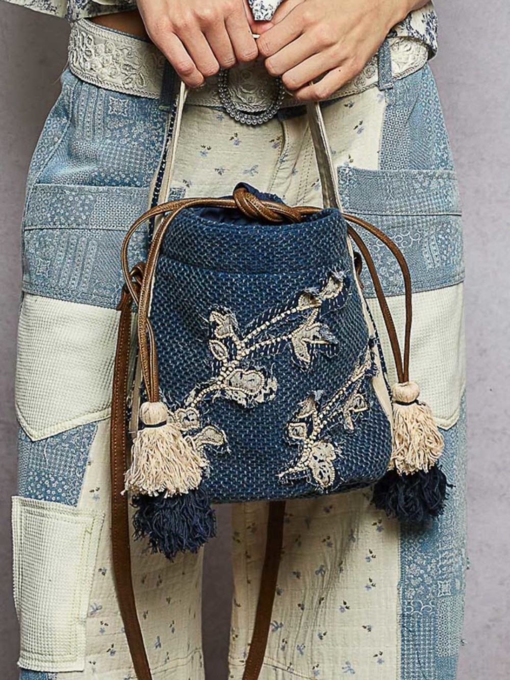 POL Blue Floral Seed Bead Tassel Vegan Leather Bucket Bag